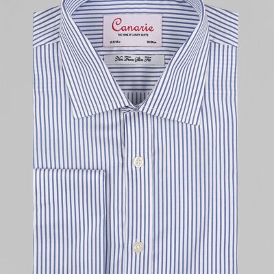 Camisa formal sin planchar con rayas azul marino para hombre, puños con botones, corte ajustado