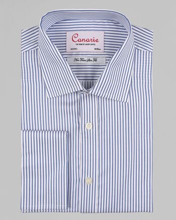 Chemise habillée à rayures bleu marine sans repassage pour homme à double manchette (nécessite des boutons de manchette) Coupe ajustée 1