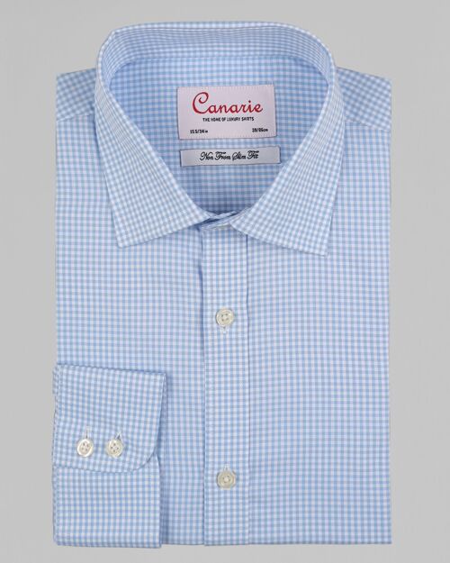 Men's Formal Sky Blue Gingham Block Check Non - Iron Shirt Double Cuff ( Requires Cuff Links ) Slim fit