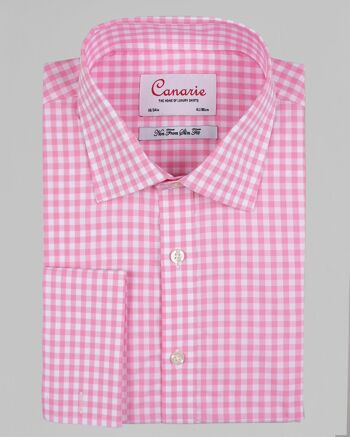 Chemise à carreaux vichy rose formel pour homme facile à repasser - Double manchette (nécessite des boutons de manchette) 2
