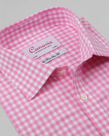 Chemise à carreaux vichy rose formel pour homme facile à repasser - Double manchette (nécessite des boutons de manchette) 1