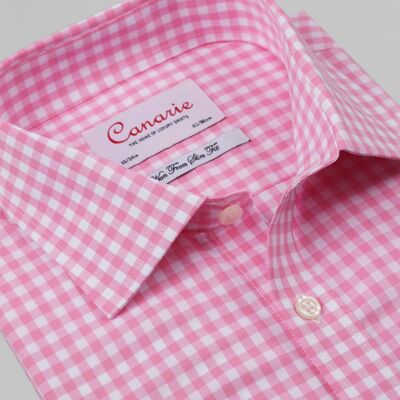 Men's Formal Pink Gingham Cube Check Easy - Iron Shirt Double Cuff ( Requires Cuff Links )