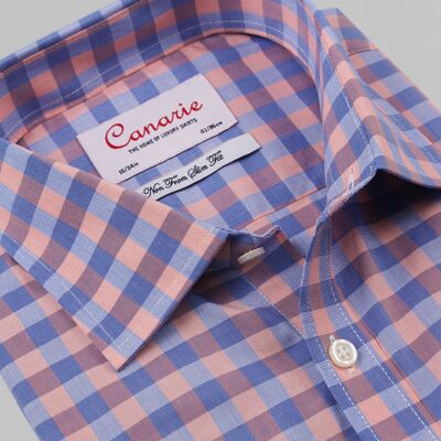 Men's Formal Orange Blue Grid Check Easy - Iron Shirt Double Cuff ( Requires Cuff Links )