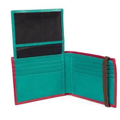 Portefeuille américain en cuir rouge et turquoise avec 12 emplacements pour cartes. Coutures renforcées : vous pouvez mettre jusqu'à 2 cartes par trou.