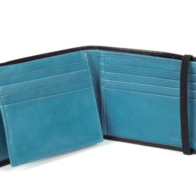 Black men's wallet with turquoise blue interior. Perfect for dollars and euros. Enjoy its flexibility, beautiful, practical and durable.