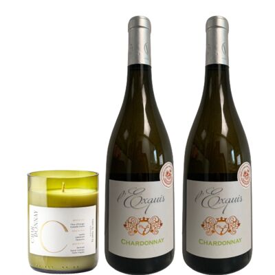 Portacandele con vitigni Chardonnay e 2 bottiglie di vino bianco secco Pays d'Oc