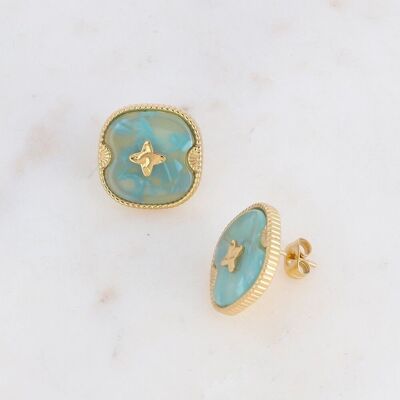 Golden Devon earrings with light blue acetate