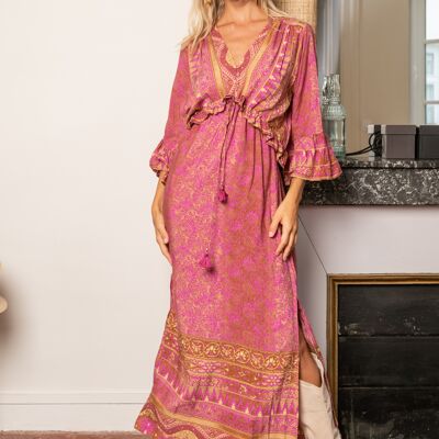 Long bohemian print ruffle dress with tassel tightening