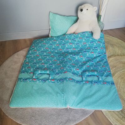 Skalierbare Bettdecke von 7 bis 14 Jahren Wal und Blau