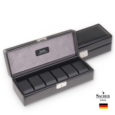 Black Leather Watch Storage Box - 6 - Slots