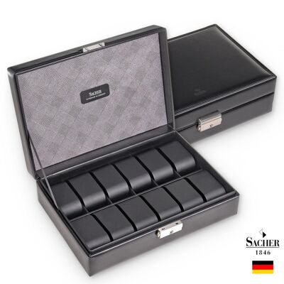 Black Leather Watch Storage Box - 12 - Slots