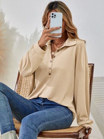 Sweat Henley en Tricot Gaufré-Beige 1