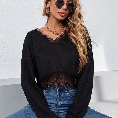 Lace Trim Textured Crop Sweater-Black