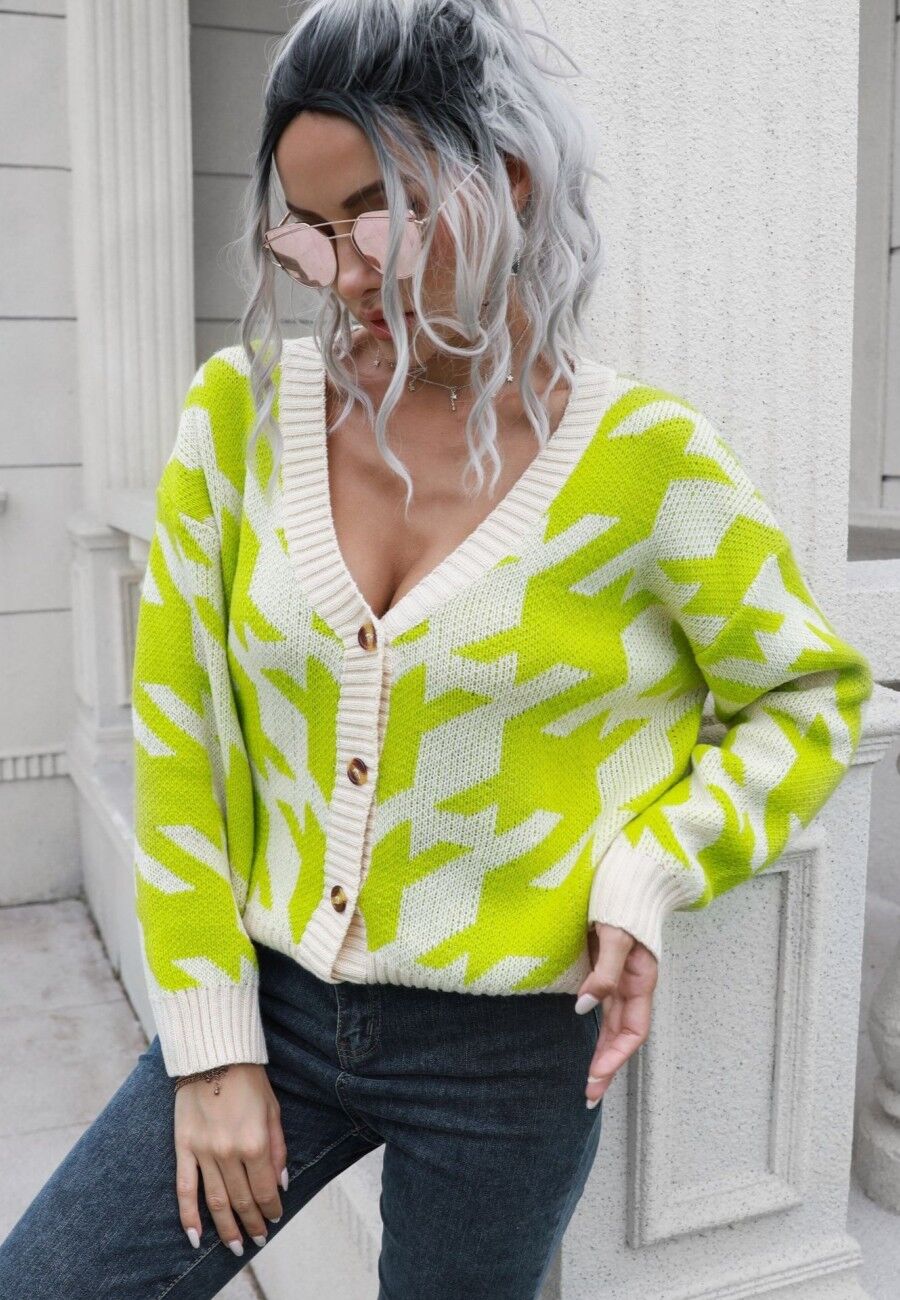 Buy wholesale Houndstooth Button Down Cardigan Green