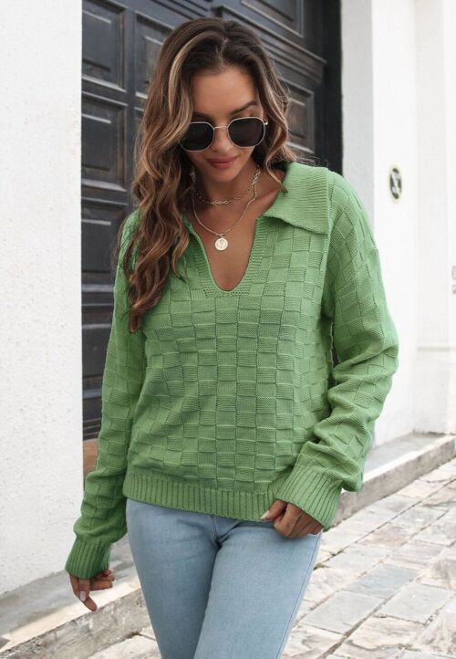 Checkered Textured Knit Sweater-Green