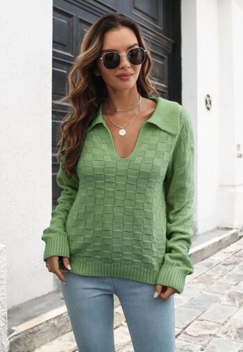 Pull en tricot texturé à carreaux-Vert 3