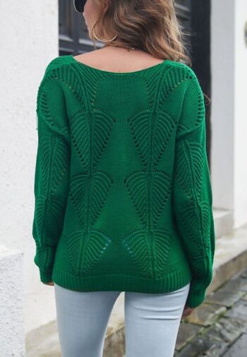 Pull en Tricot Feuille à Col V-Vert Foncé 5