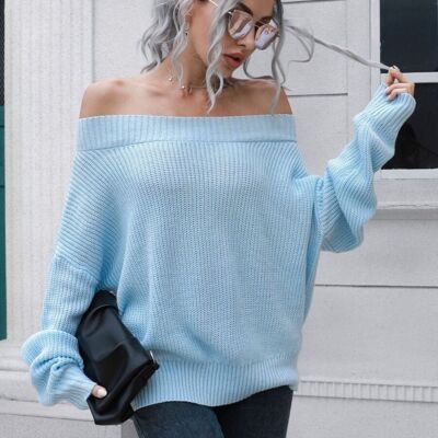 Pull en tricot uni à épaules dénudées-Bleu