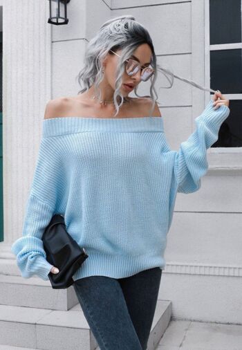 Pull en tricot uni à épaules dénudées-Bleu 1