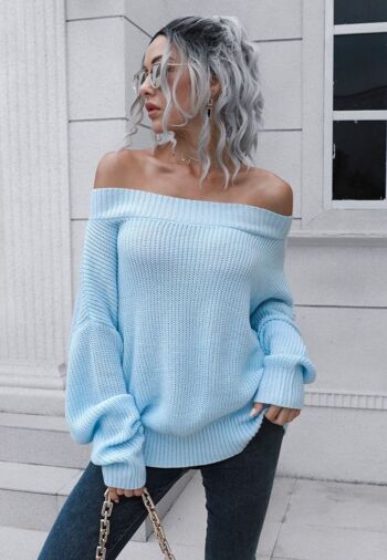 Pull en tricot uni à épaules dénudées-Bleu 4