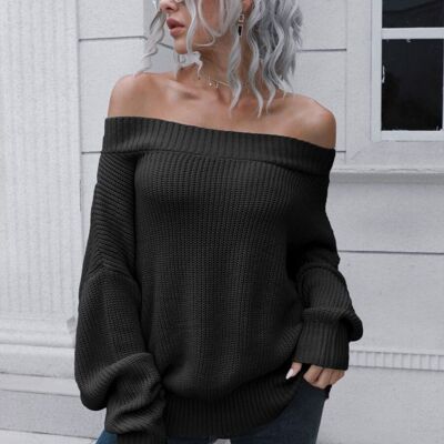 Suéter de punto liso con hombros descubiertos-Negro