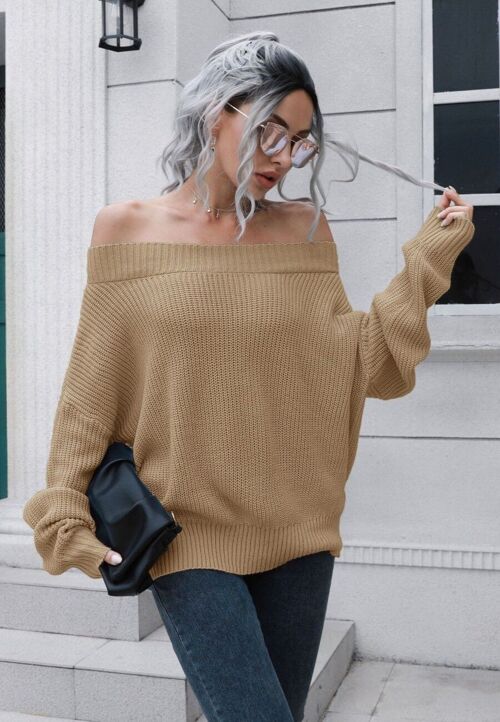 Solid Off Shoulder Knit Sweater-Brown
