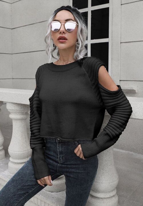 Cutout Textured Sleeve Sweater-Black
