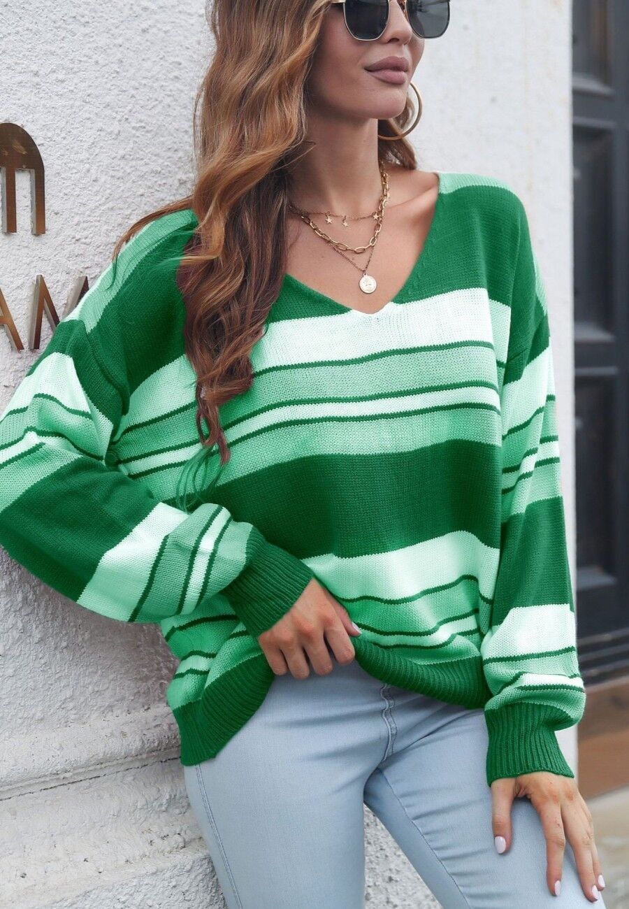 Multi Striped Drop Shoulder Sweater-Green