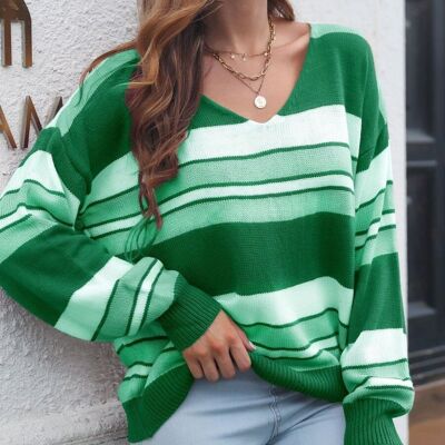 Multi Striped Drop Shoulder Pullover-Grün