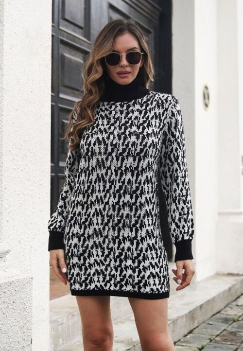 Abstract Print Sweater Dress-Black