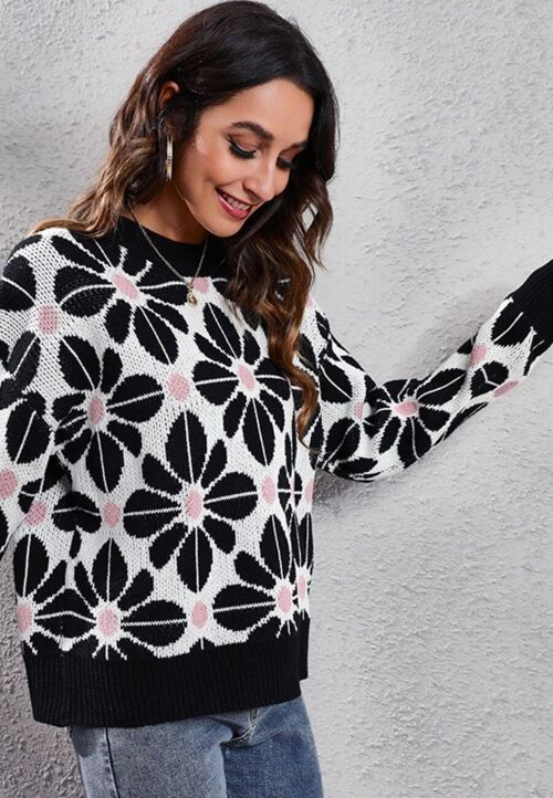 Geometric Floral Print Sweater-Black