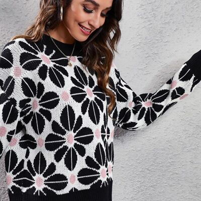 Geometric Floral Print Sweater-Black