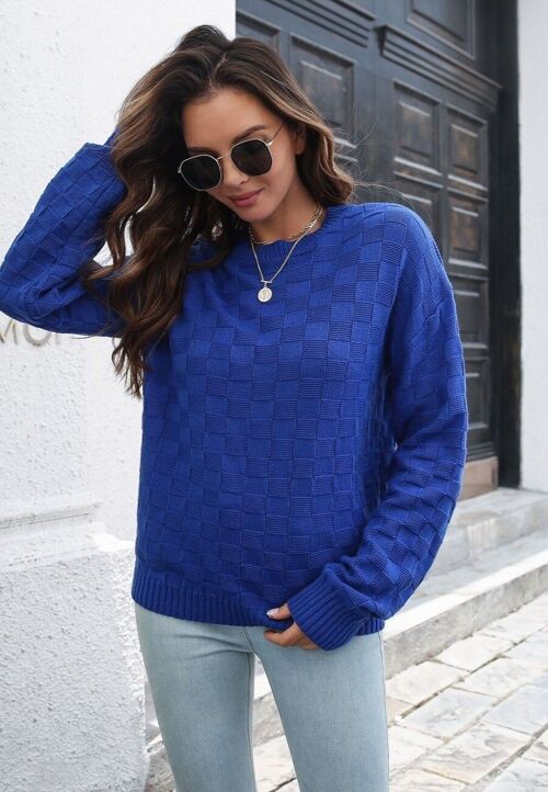 Checkered Textured Classic Sweater-Blue