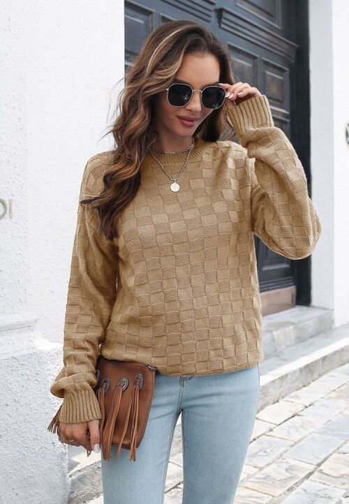 Checkered Textured Classic Sweater-Brown