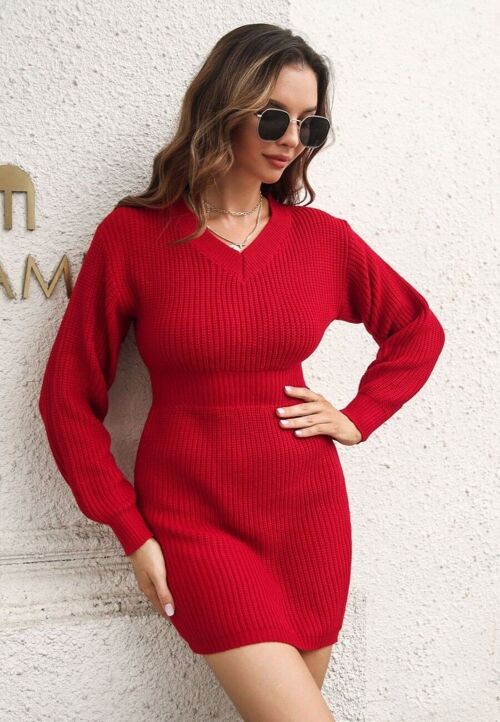 Cinched Waist Sweater Dress-Red