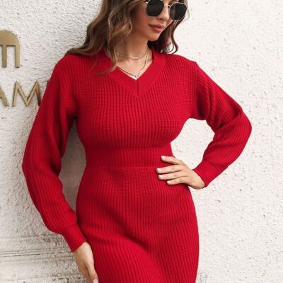 Vestido suéter con cintura ceñida-Rojo