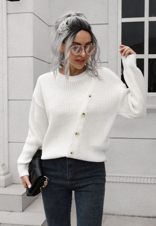 Asymmetrical Button Design Sweater-White