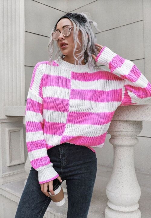 Uneven Striped Textured Sweater-Pink