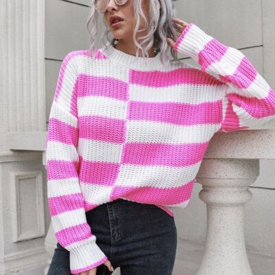 Ungleichmäßig gestreifter strukturierter Pullover-Pink