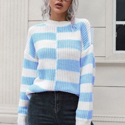 Uneven Striped Textured Sweater-Light Blue