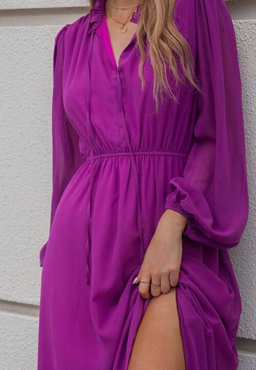 Tie Ruffle Neck Bishop Sleeve Dress-Purple