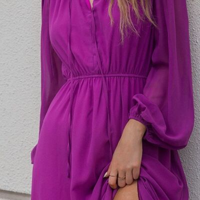 Tie Ruffle Neck Bishop Sleeve Dress-Purple
