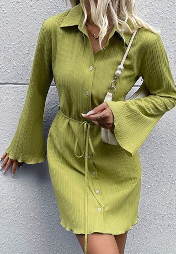 Robe texturée à rayures et manches évasées-Vert 2