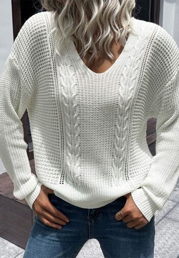 Pull classique en grosse maille torsadée-Blanc 3