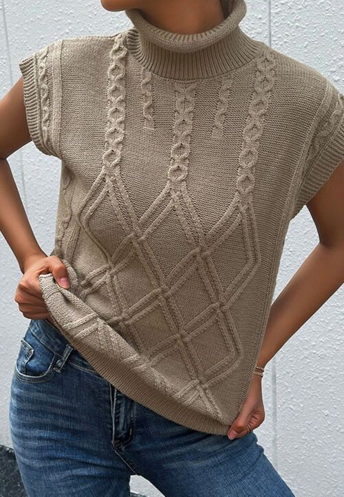 Turtleneck Cable Knit Sweater Vest-Beige