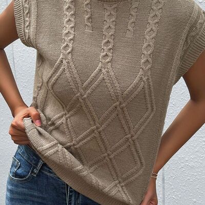 Gilet in maglia a trecce a collo alto-beige