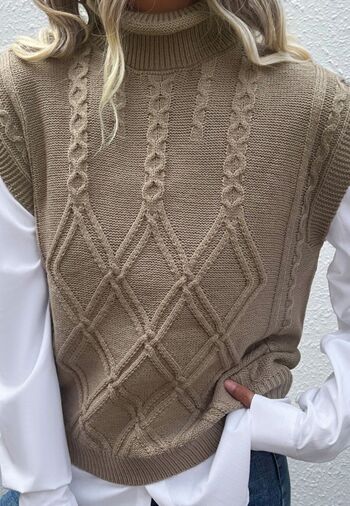 Gilet en tricot torsadé à col roulé-Beige 2