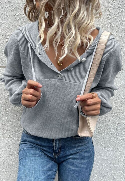 Henley Ribbed Knit Hoodie-Gray