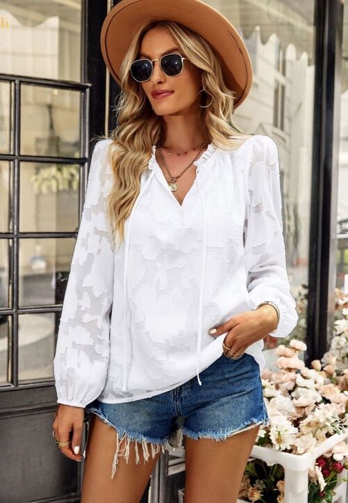 Floral Pattern Bishop Sleeve Blouse-White