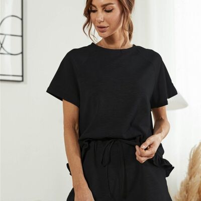 Ruffle Hem Shirt and Shorts Lounge Set-Black